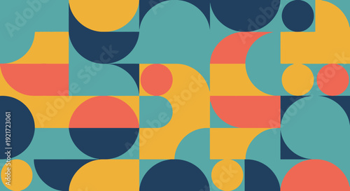 Modern abstract geometric pattern with circles and squares in cool calm color palette, seamless design.