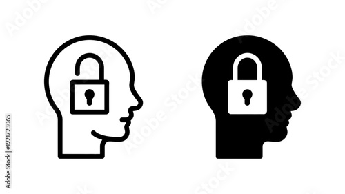 A human head silhouette featuring an open padlock, symbolizing an unlocked mind, shown in outline and solid styles.