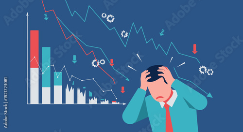 Overwhelmed businessman holding his head in distress, surrounded by graphs showing a sharp financial downturn and economic crisis, in an office setting.