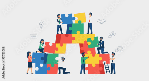 Diverse business team actively building a large colorful puzzle, emphasizing collaborative problem-solving and shared success, in bright studio.