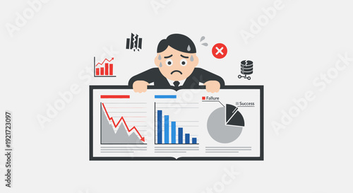 Stressed businessman reacting to financial failure with declining charts and graphs, concept of economic crisis, in bright studio.