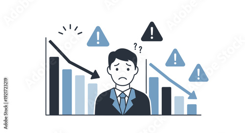Stressed Businessman Facing Business Decline and Financial Loss with Falling Bar Chart in Bright Studio