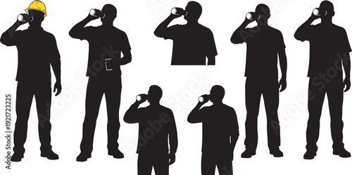 Set of construction worker silhouettes, industrial avatars in hard hats, men drinking water on break, and cleaners carrying brooms for work.