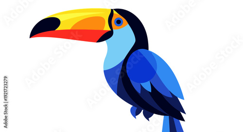 Colorful geometric style toucan bird with a prominent yellow beak, depicting exotic wildlife on an isolated white background.