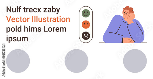 Emotional analysis, user feedback, psychology, decision-making, UX design, satisfaction levels. A thoughtful person alongside emotion feedback meter. Emotional analysis and user feedback concept