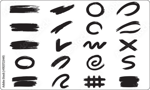 Black hand drawn brush lines, abstract ink stroke texture set, expressive bold rough soft grunge strokes, dynamic artistic brush elements, isolated design asset for branding