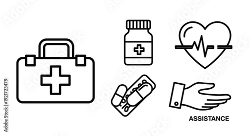 Set of Outline Medical and Healthcare Icons Including First Aid Kit, Medicine Bottle, Heartbeat Monitor, and Assistance Hand on an Isolated White Background