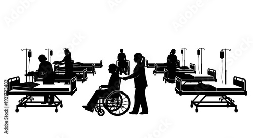 Silhouette Illustration of Nurses and Patients in a Busy Hospital Ward, Providing Medical Care and Assistance on a Bright Background