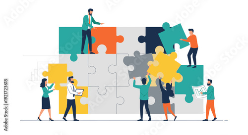 Diverse team of business people actively connecting colorful jigsaw puzzle pieces, illustrating partnership and successful problem-solving in a bright studio.