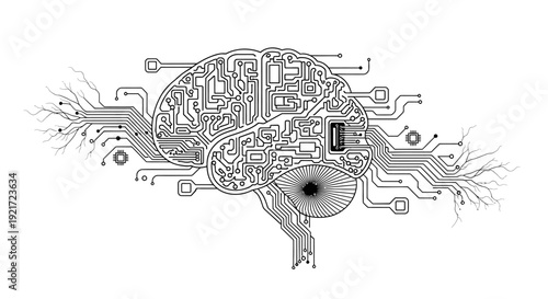 Intricate circuit board brain with complex neural connections, symbolizing artificial intelligence and advanced computing on an isolated white background.