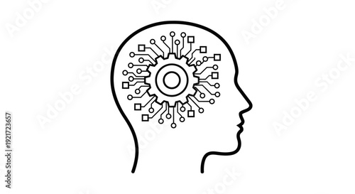 Human head silhouette with integrated gear and circuit board, symbolizing artificial intelligence and advanced thinking process on an isolated white background.