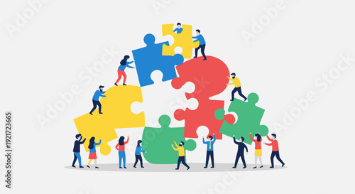 Diverse team of people actively collaborating to connect colorful jigsaw puzzle pieces, symbolizing business teamwork and unity on a light blue background.