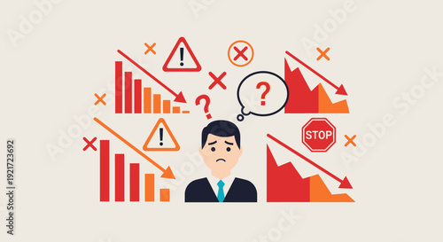 Concerned businessman facing declining bar charts, warning signs, and problem indicators, illustrating business crisis, financial failure, and urgent challenges on a light background.