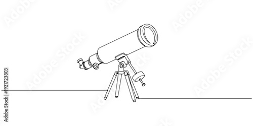 Continuous one line drawing of a telescope with adjustable lens, representing exploration and curiosity, line art style illustration.
