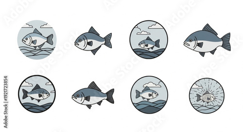Collection of stylized fish illustrations in circular frames.