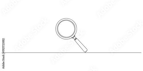 Continuous single line drawing of a magnifying glass, representing investigation and focus, line art style illustration.