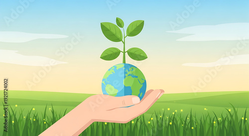A hand gently holds a sprouting plant growing from a globe, symbolizing environmental protection and sustainable growth in a verdant landscape