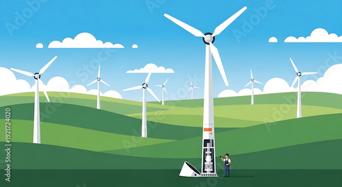 Sustainable energy wind farm Modern turbines generate clean, renewable electricity across green hills, detailing internal engineering for a greener future