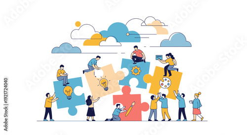 Diverse Business Team Working Together on Large Puzzle Pieces, Symbolizing Team Building and Creative Problem Solving in Bright Studio