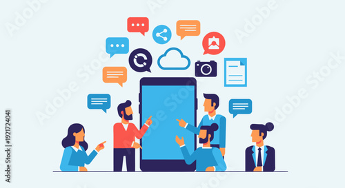 Business Team Collaborating and Discussing Social Media Marketing Strategy Around a Large Smartphone with App Icons in Bright Studio