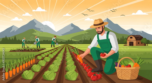 An illustration of a diligent farmer harvesting fresh vegetables on a rural farm at sunset, emphasizing sustainable agriculture and a bountiful harvest