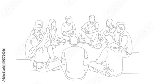 Continuous One Line Art Drawing of a Group of Diverse People Sitting in a Circle for Meeting or Discussion on Isolated White Background