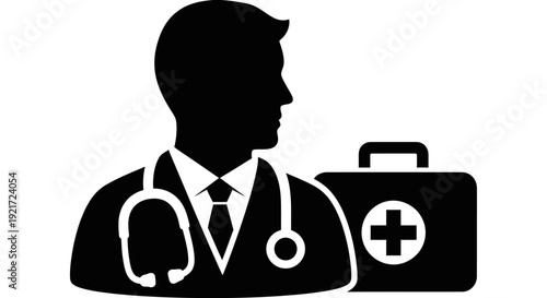 Doctor Silhouette with Stethoscope and Medical Bag Symbolizing Professional Healthcare Assistance on Isolated White Background