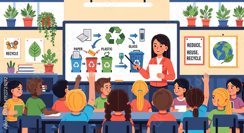 Children actively participate in a classroom lesson about recycling and environmental sustainability, fostering eco-conscious habits through interactive education