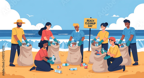 Diverse community volunteers unite for an impactful beach cleanup initiative, diligently collecting waste to safeguard coastal ecosystems and champion environmental protection