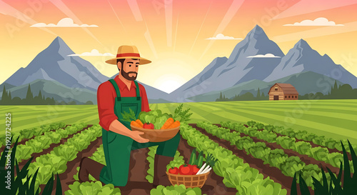 Farmer harvesting fresh vegetables from field at sunrise with mountains in background