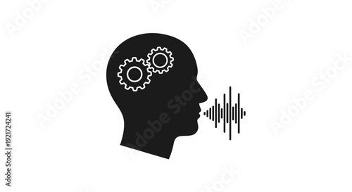 Black silhouette of a human head with internal gears symbolizing thought processing and external sound waves representing speech or voice output.