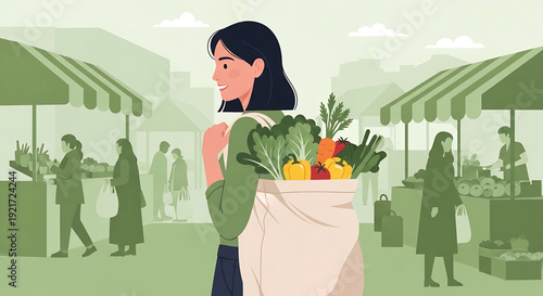 A woman happily carrying a bag full of fresh produce from a bustling outdoor market