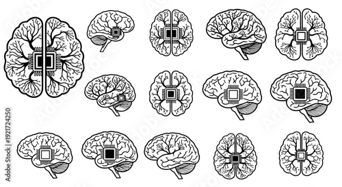 Multiple black and white illustrations of human brains with embedded microchips, viewed from various angles, symbolizing brain-computer interfaces or artificial intelligence.