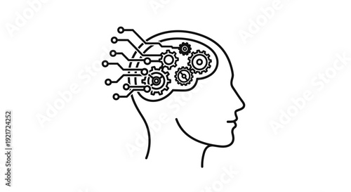 Outline illustration of a human head with gears and circuit board elements inside, representing artificial intelligence and cognitive processing.