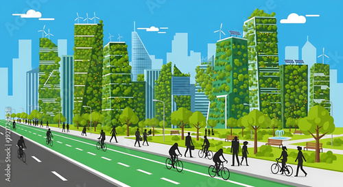 Green eco-friendly futuristic city skyline with sustainable architecture, renewable energy, and active lifestyle