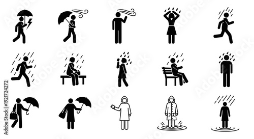Minimalist black silhouette icon collection featuring twelve original concepts of human figures in rainy conditions. The icons emphasize mood, movement, and daily life without dramatic weather element