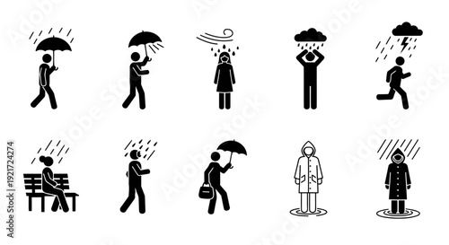 A unique set of twelve black silhouette icons depicting people experiencing rain in everyday situations. Each icon shows a different human posture and interaction with rainfall, designed in a clean 