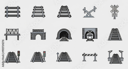 Collection of railway and transportation icons and symbols.