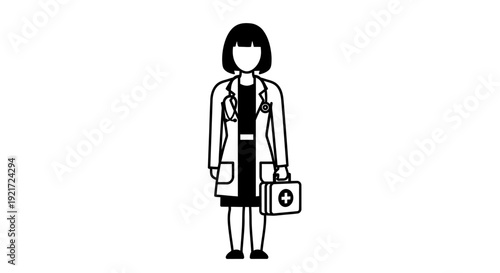 Black and white outline illustration of a female doctor wearing a lab coat and stethoscope, holding a medical kit.