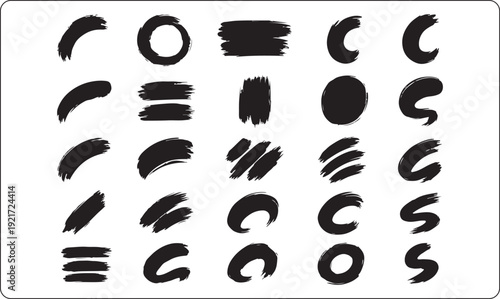 Black abstract brush strokes, expressive ink painted texture set, bold rough soft grunge curved strokes, dynamic artistic brush elements, isolated graphic resource for branding