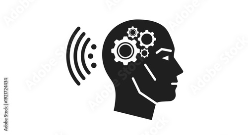 Black and white icon depicting a human head with gears inside and radiating signals, symbolizing thought, intelligence, and communication.