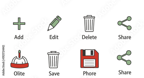Essential User Interface Icons Set Including Add, Edit, Delete, Share, Save, and Phone Actions on an Isolated White Background