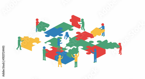 Small stylized people collaborate to assemble a large, colorful jigsaw puzzle, symbolizing teamwork, integration, and problem-solving.