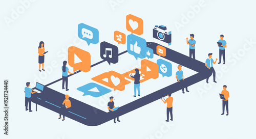 Isometric illustration of people interacting with social media applications on a large smartphone, representing digital communication and online community engagement.