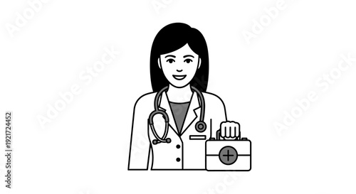 Black and white illustration of a smiling female doctor with a stethoscope and a first aid kit, representing healthcare and medical assistance.