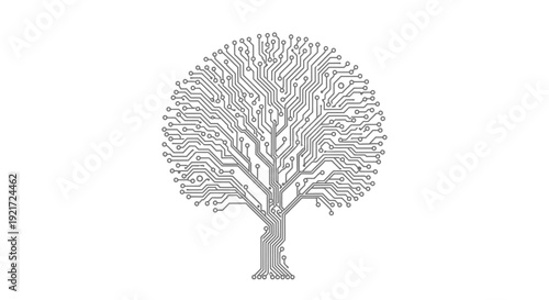 Digital Circuit Tree with Leafy Branches, Symbolizing Technology and Nature Connection on an Isolated White Background