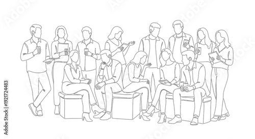 Line art illustration of a diverse group of people using their mobile devices, depicting modern digital communication and social interaction.