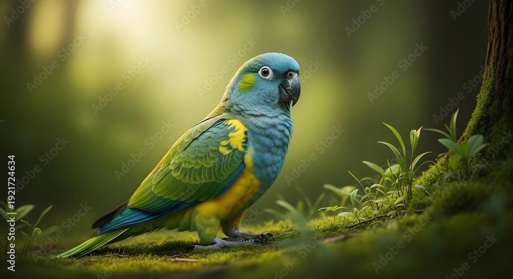 Naklejka premium Vibrant blue and green parrot in lush forest setting