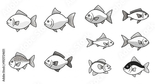 Collection of Hand Drawn Fish Illustrations with Different Expressions.