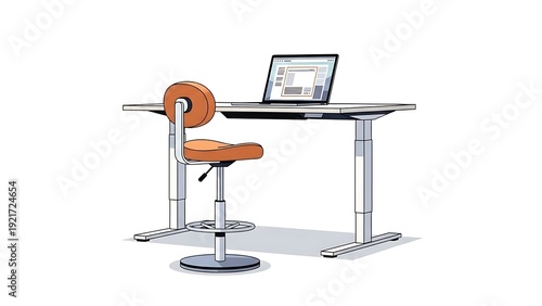 Modern office workspace with laptop on adjustable desk and ergonomic chair.
